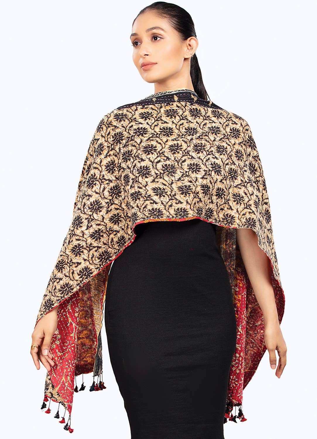 Black Kantha Tassel Scarves