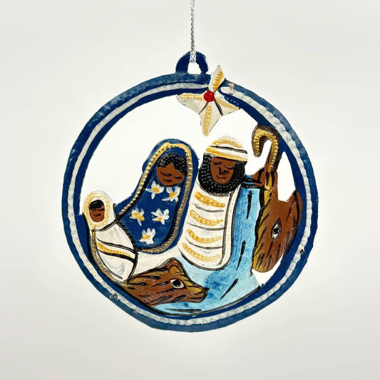 Metal Nativity Ornament in a Medallion - Blue & Yellow