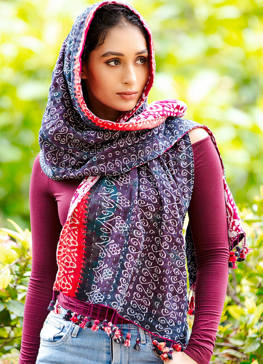 Black Kantha Tassel Scarves