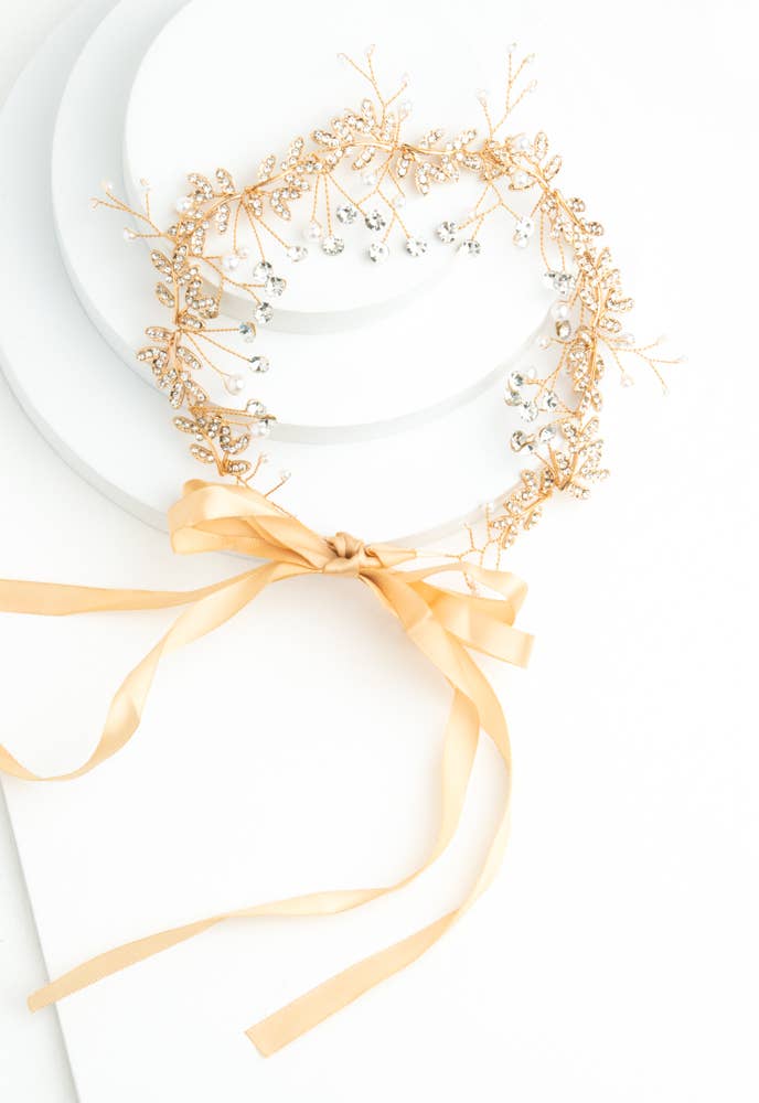 Ethereal Vine Gold Crystal and Pearl Silk Ribbon Headband