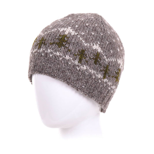Appalachian Beanie Hat – Knit Wool with Forest Motif: Medium natural