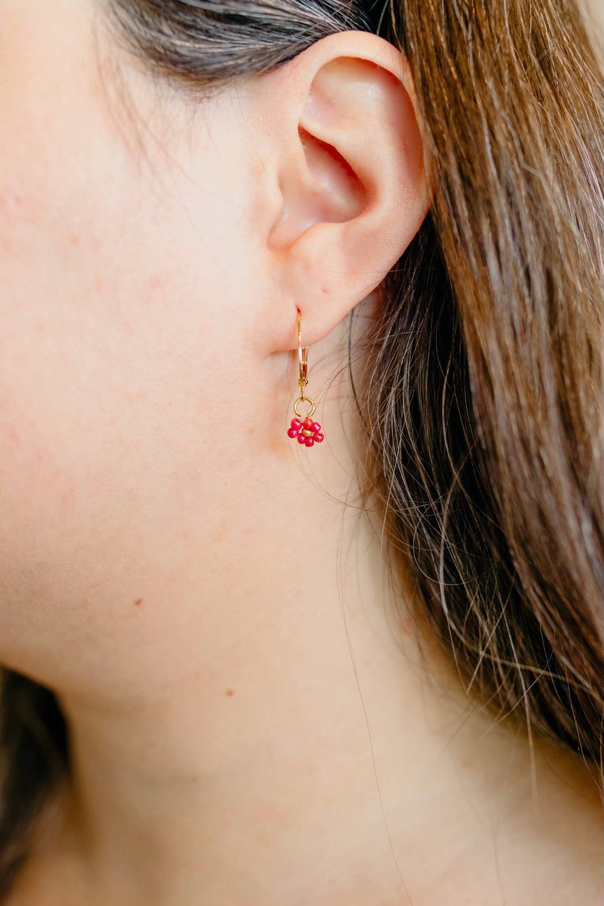 Dainty Daisy Hoop Earrings: Dark Pink