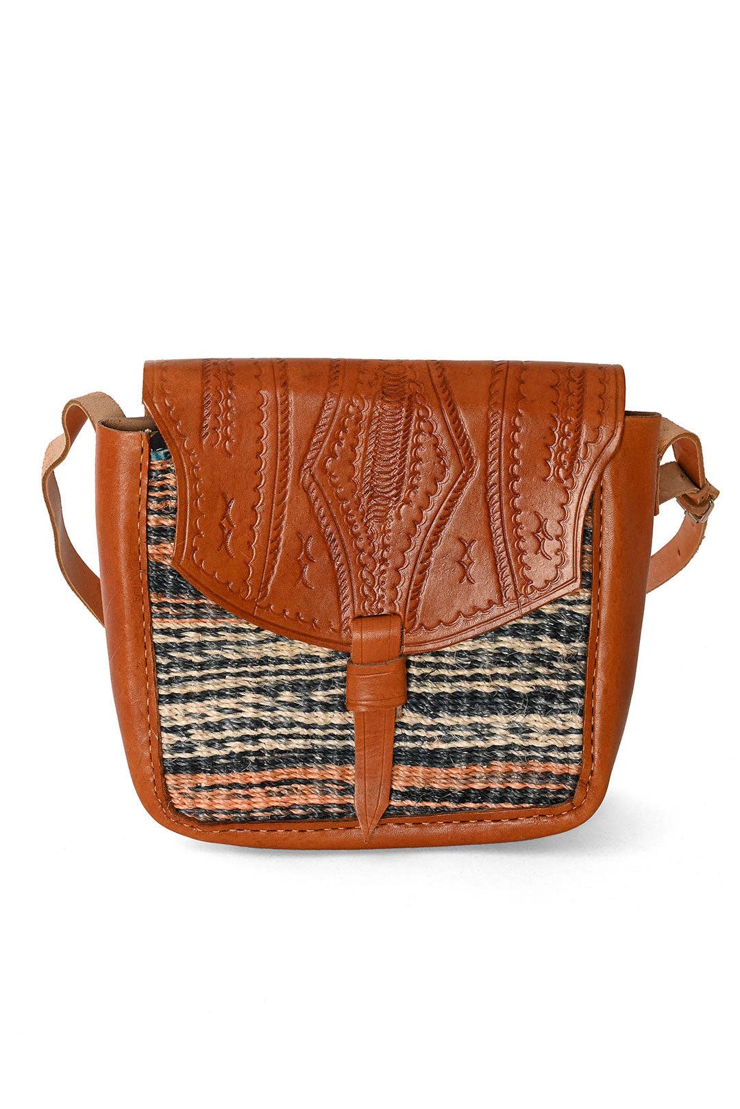 Variegated Sisal and Leather Crossbody Bag with Adjustable Strap