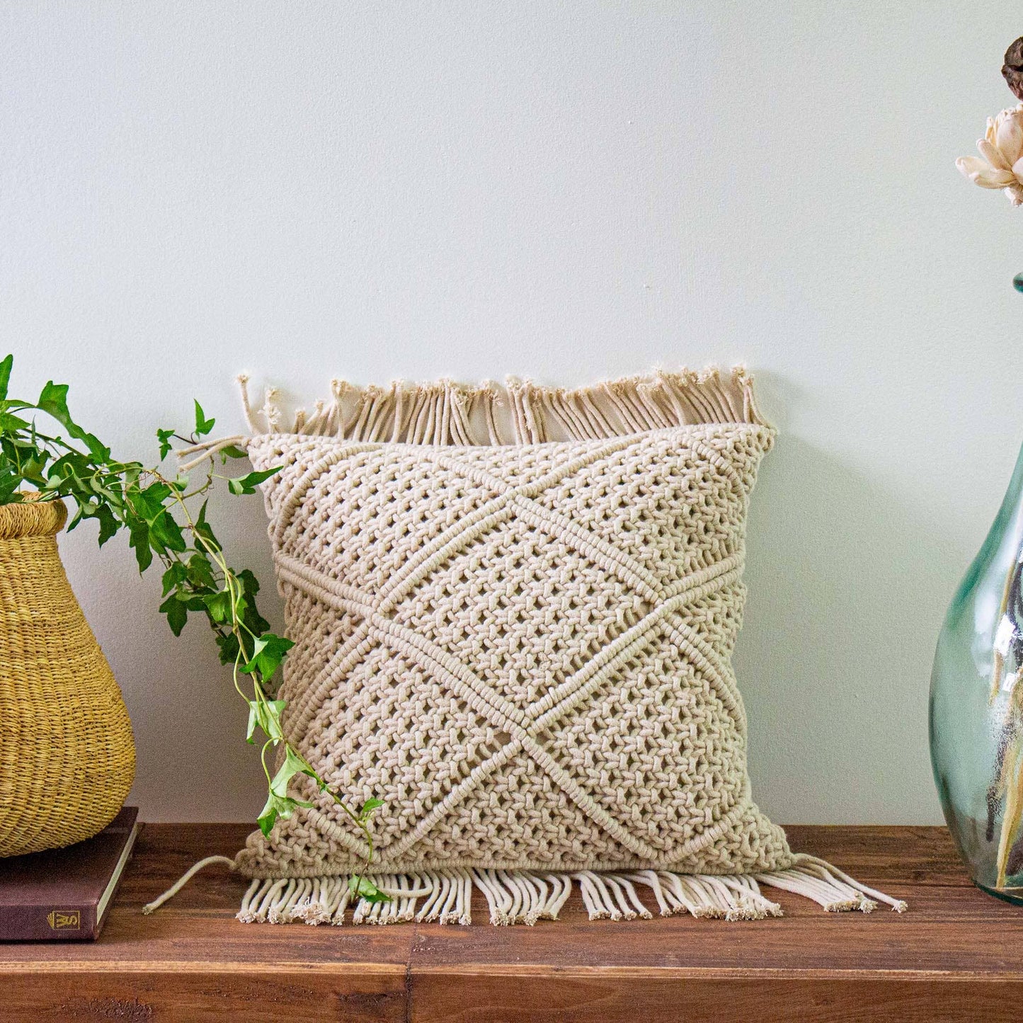 Macrame Pillow with Fringe, Square 14 inch