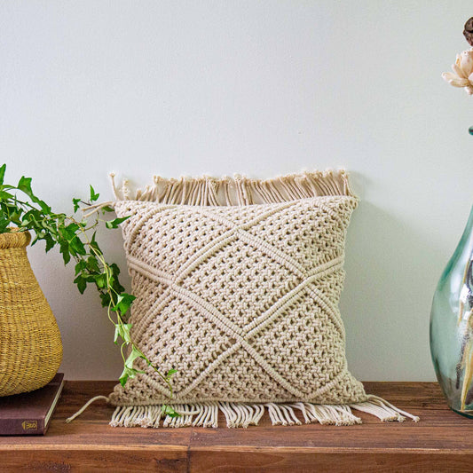 Macrame Pillow with Fringe, Square 14 inch