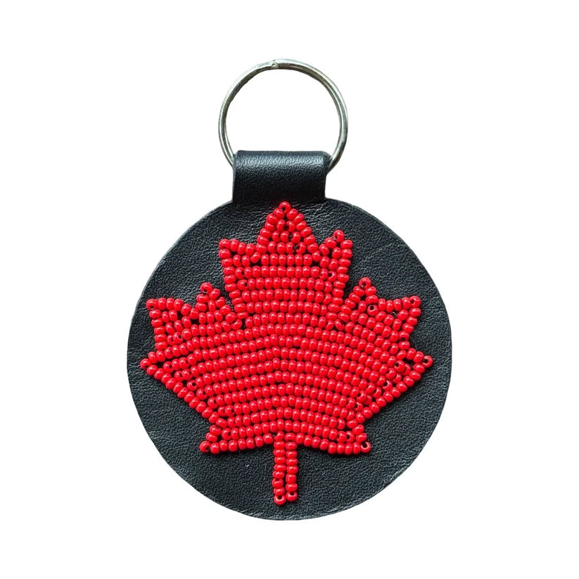 Maple Leaf Beadwork & Leather Keychain